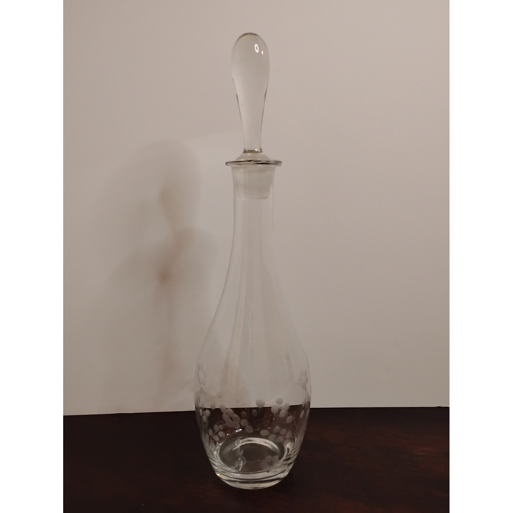 Vintage Etched Glass Wine Decanter with Teardrop Stopper Floral Pattern 15.75in